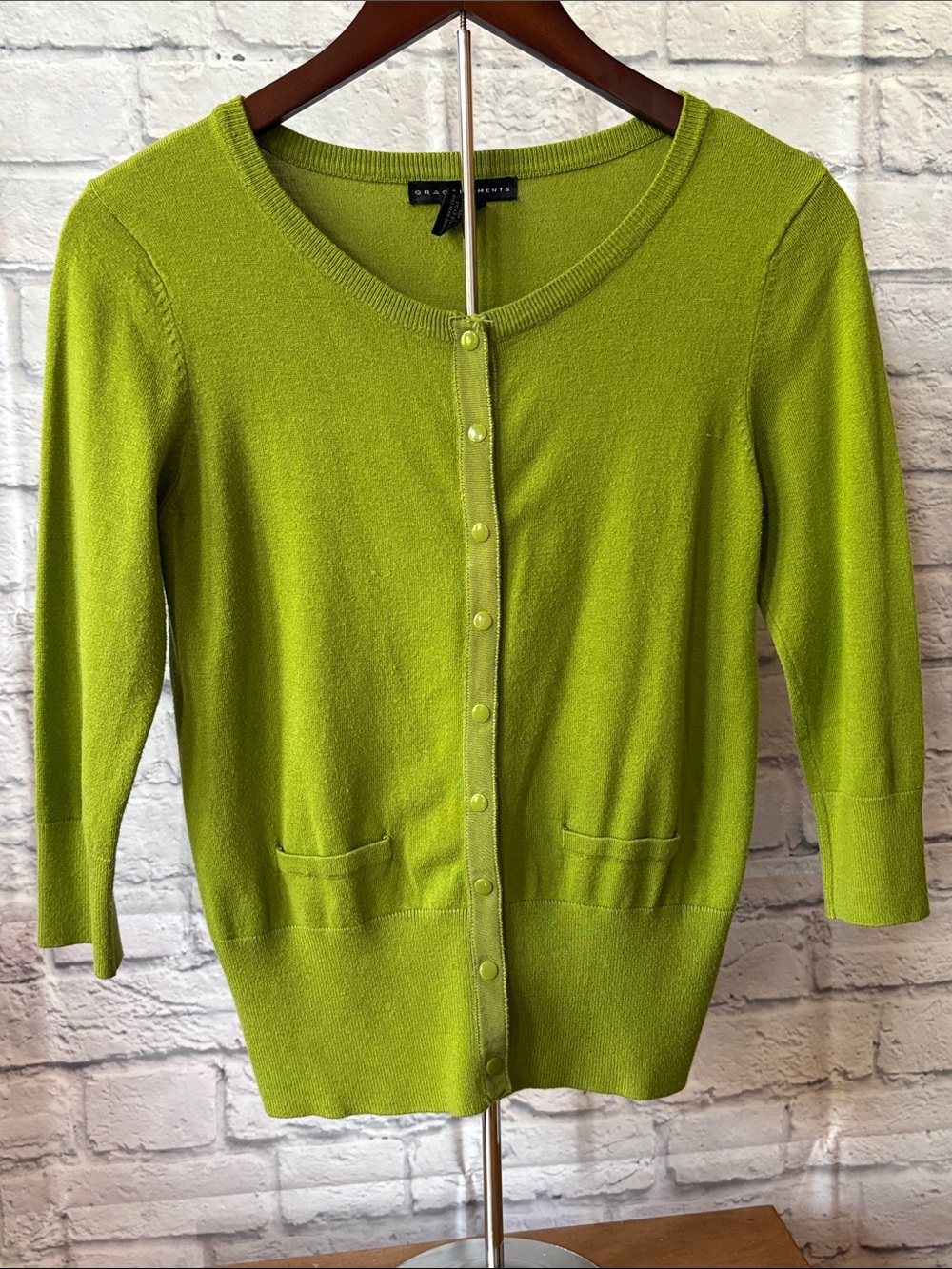 Grace Elements Bright Olive Green Crewneck Snap Button-Front Cardigan Size Small